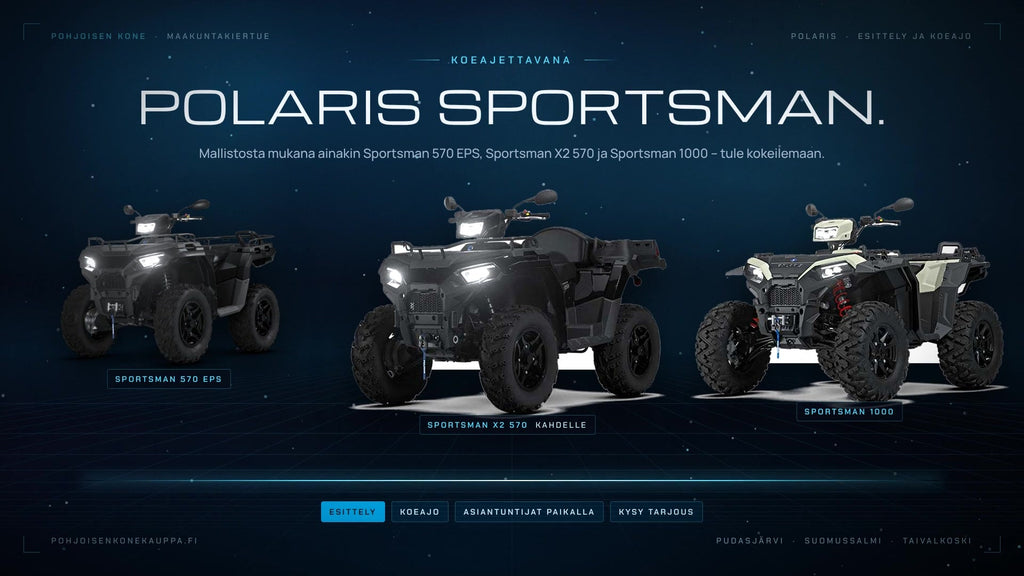 Polaris Sportsman 570 EPS, X2 570 ja 1000 koeajettavana Pohjoisen Koneen maakuntakiertueella